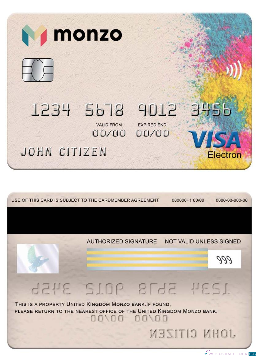 Download United Kingdom Monzo bank visa electron card Photoshop template